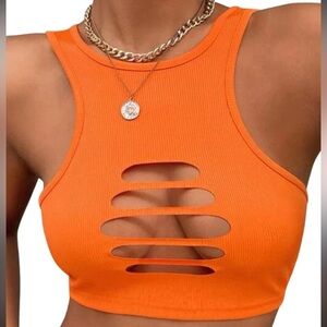 Orange Ribbed Cutout Tank Top